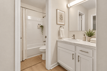 Bathroom vanity with white cabinetry and brushed nickel fixtures
